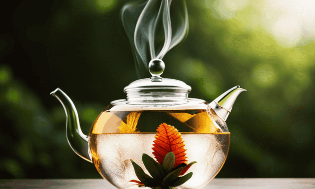 An image showcasing a vibrant oolong tea leaf unfurling gracefully in a glass teapot, immersed in steaming water