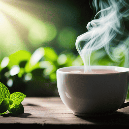 An image showcasing a steaming cup of peppermint herbal tea with fresh peppermint leaves, surrounded by vibrant greenery