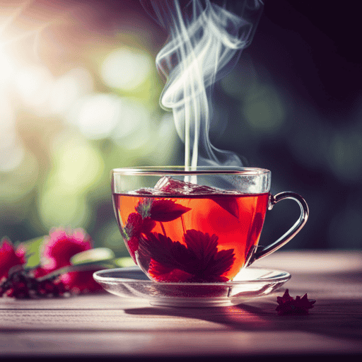 An image showcasing a vibrant, steaming cup of red herbal tea from Roobidos
