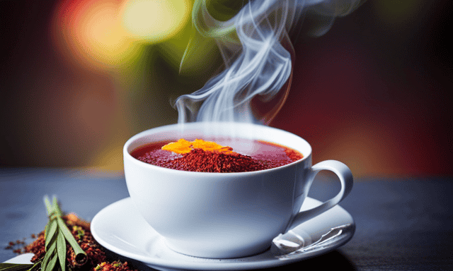 An image featuring a close-up view of a steaming cup of vibrant red rooibos tea, surrounded by a variety of fresh, colorful herbs and spices, highlighting its soothing and digestive benefits