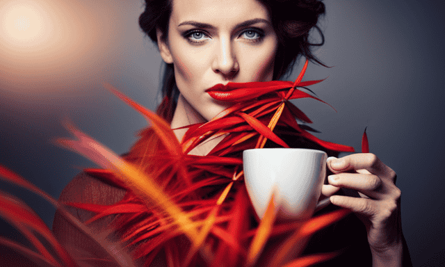 An image depicting a serene woman sipping a steaming cup of rooibos tea, surrounded by vibrant red rooibos leaves