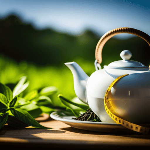 An image showcasing a serene, lush green tea garden with a teapot pouring steaming tea into a delicate cup