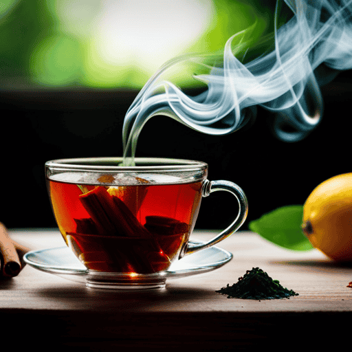 An image showcasing a close-up of a steaming cup of Herbal Sugar Balance Tea, surrounded by vibrant green tea leaves, cinnamon sticks, and a sprinkle of crushed cloves, conveying its effectiveness in maintaining balanced sugar levels