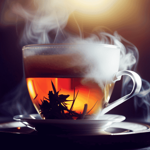 An image showcasing a steaming cup of Herbal Sugar Balance Tea, surrounded by a vibrant array of fresh herbs and spices