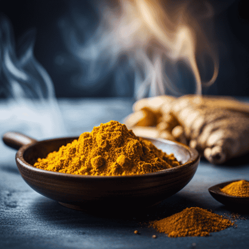 An image showcasing a radiant yellow turmeric root, finely ground into powder, beautifully sprinkled over a plate of fresh vegetables, symbolizing the potential fast-acting power of turmeric for weight loss