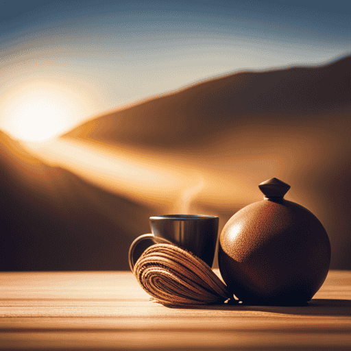 An image showcasing a serene morning scene with a cup of steaming Yogi Detox Tea next to a stopwatch, capturing the essence of its effectiveness through the harmony of nature and time