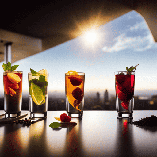 An image showcasing a vibrant assortment of freshly brewed fruit herbal teas in transparent glass cups, exuding enticing aromas