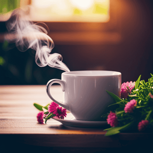 An image showcasing a steaming cup of herbal tea, surrounded by fresh, vibrant herbs and flowers
