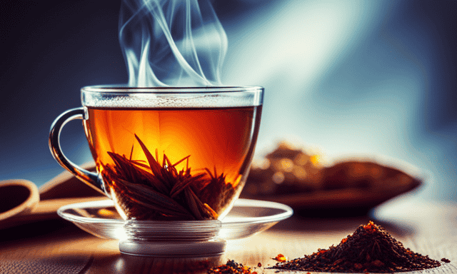 An image showcasing a steaming cup of rich amber Rooibos tea, elegantly adorned with delicate dried leaves, exuding warmth and flavor, inviting readers to explore the world of this renowned herbal infusion
