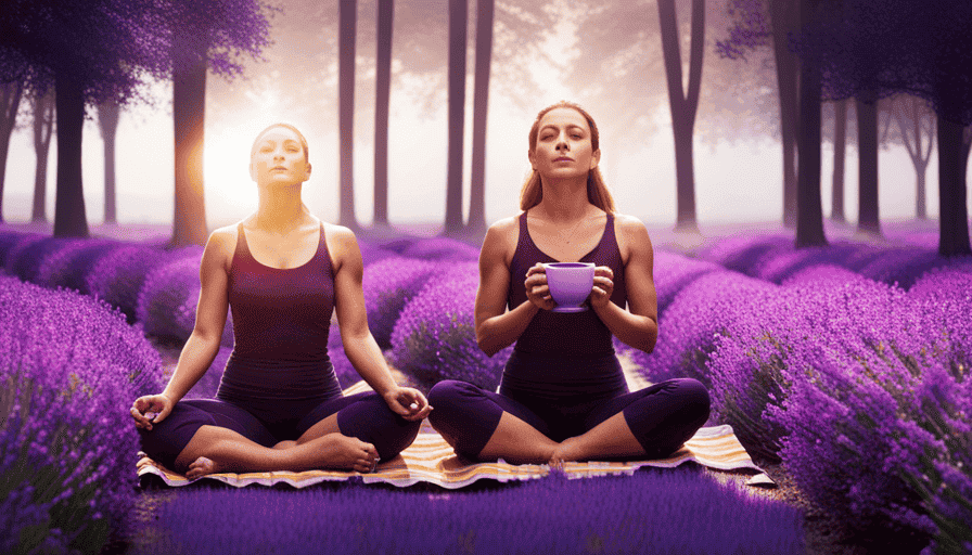 An image showcasing a serene scene with a woman sitting cross-legged, eyes closed, holding a steaming cup of Yogi Stress and Calm Tea, surrounded by blooming lavender fields and soft sunlight filtering through trees