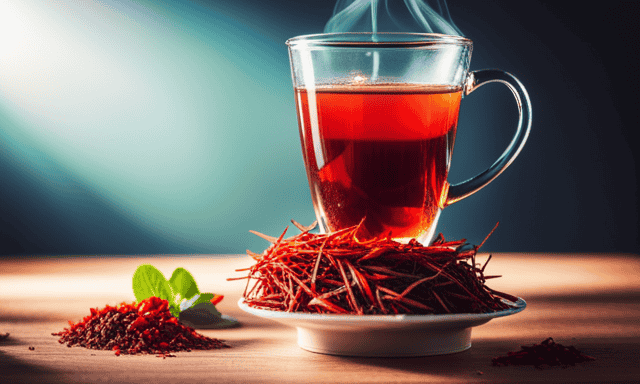 An image featuring a vibrant cup of steaming red Rooibos tea, surrounded by fresh, antioxidant-rich fruits and herbs, exuding a sense of natural vitality and wellness