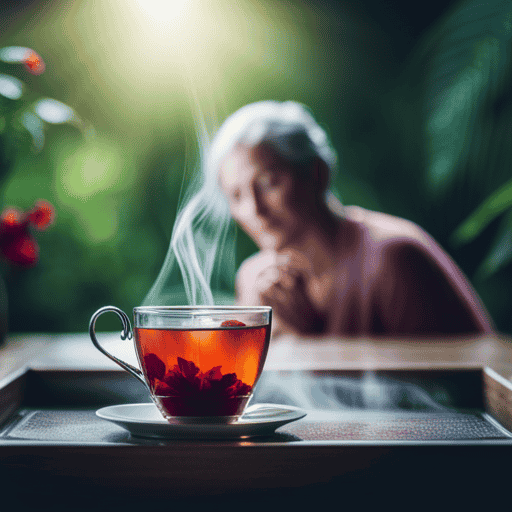 An image revealing the soothing power of herbal tea on mental health: A steaming cup in a serene setting, surrounded by vibrant botanicals, exuding tranquility and inviting calmness into the mind