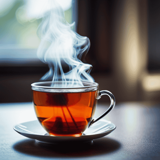 An image featuring a steaming cup of herbal tea with delicate wisps of vapor rising from its surface, showcasing its rich amber hue