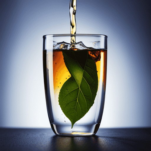 An image depicting a glass of water infused with vibrant herbal tea leaves, showcasing the refreshing droplets condensing on the outer surface