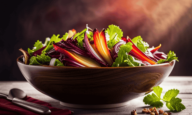 An image of a vibrant, overflowing salad bowl filled with a colorful medley of crisp chicory leaves, accompanied by sliced apples, walnuts, and a drizzle of tangy balsamic dressing