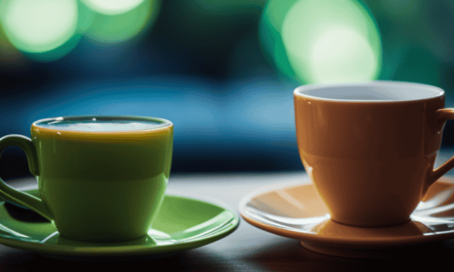 An image showcasing two teacups, one filled with oolong tea and the other with green tea