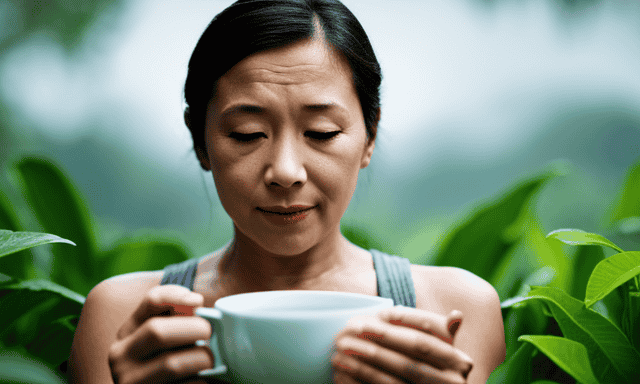 An image showcasing a serene setting with a woman enjoying a cup of warm oolong tea, surrounded by lush green tea leaves