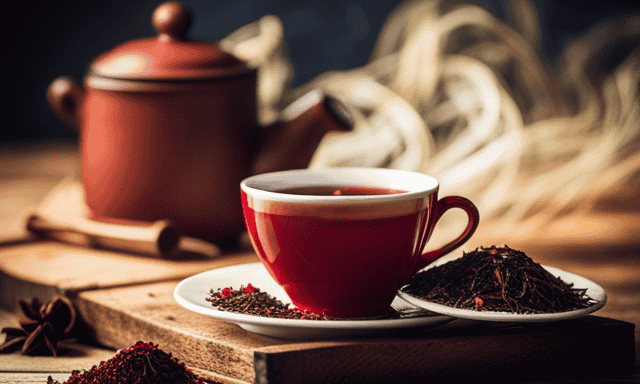 An image capturing the essence of Rooibos drinking: a vibrant cup of deep red tea, steam rising, infused with earthy tones; a delicate porcelain teacup rests on a rustic wooden table, adorned with dried Rooibos leaves