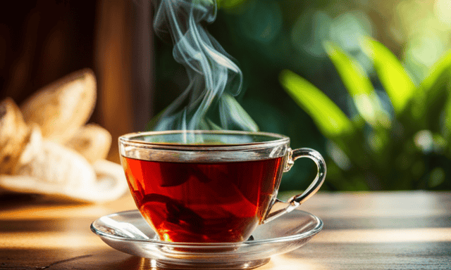 An image showcasing a steaming cup of vibrant red tea, surrounded by lush rooibos leaves