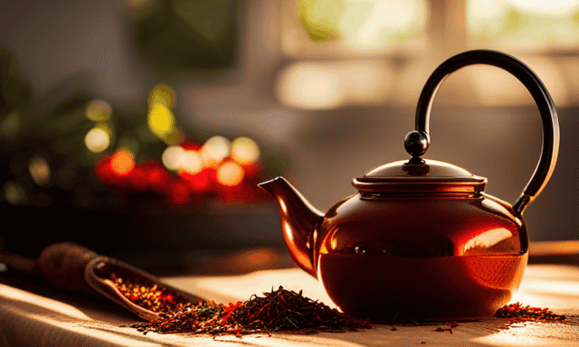 An image showcasing the art of brewing Rooibos tea: A delicate ceramic teapot sits atop a vintage tablecloth adorned with dried red and green Rooibos leaves