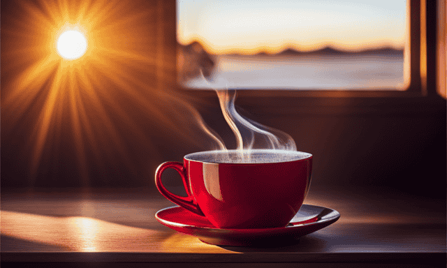 An image showcasing a steaming cup of Rooibos tea, its vibrant crimson hue contrasting against a sunlit window backdrop, while delicate wisps of steam dance above, infusing the air with its soothing aroma