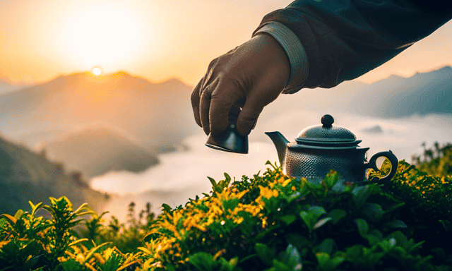 An image featuring a skilled tea artisan meticulously plucking Oolong tea leaves from lush, sun-kissed tea bushes on misty terraced mountains, showcasing the labor-intensive process behind crafting this exquisite beverage