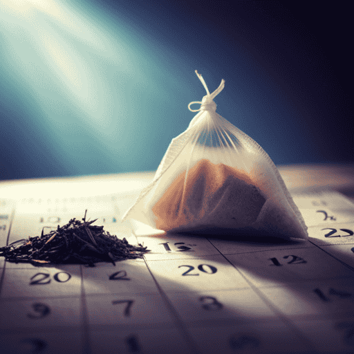 An image showcasing a close-up of a sealed herbal tea bag surrounded by a calendar, with each month marked off, indicating the passing of time