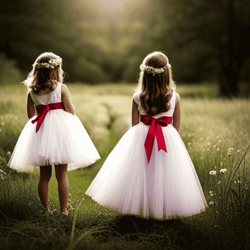 An image showcasing a lineup of enchanting tea length flower girl dresses, their delicate tulle skirts gently grazing the ankles, adorned with whimsical floral appliques and complemented by dainty satin sashes