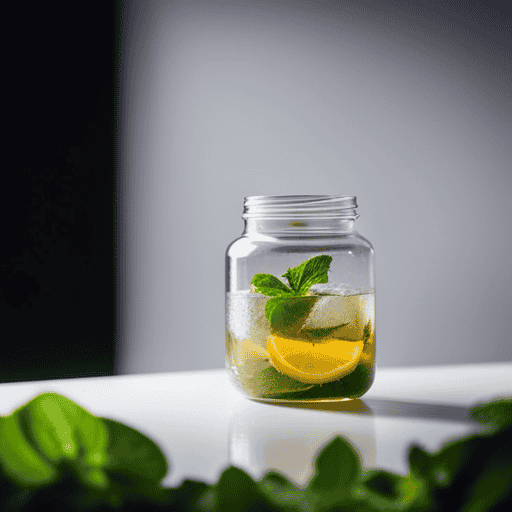 An image showcasing a clear glass jar filled with chilled herbal tea, condensation forming on the sides, nestled among fresh mint leaves and lemon slices, highlighting the serene ambiance of a fridge