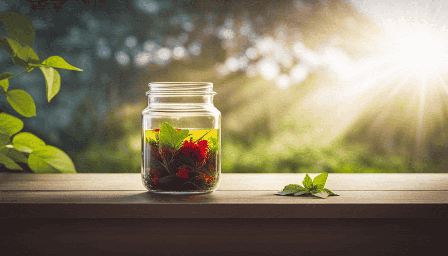 An image of a glass jar filled with freshly brewed herbal tea, adorned with vibrant botanicals, sitting on a shelf inside a refrigerator