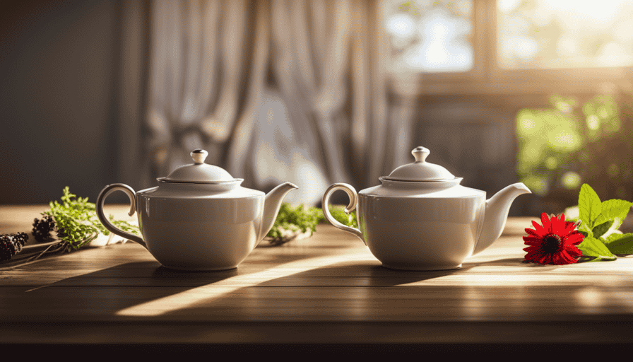 An image of a serene wooden table adorned with a delicate teapot filled with aromatic herbal tea