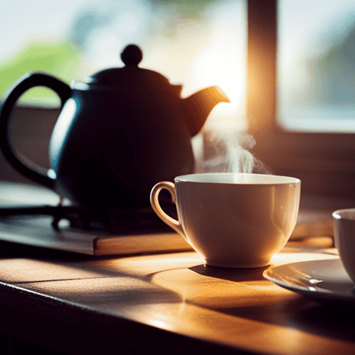 An image capturing the serene scene of a teapot steaming atop a wooden table, surrounded by vibrant herbal tea cups and saucers
