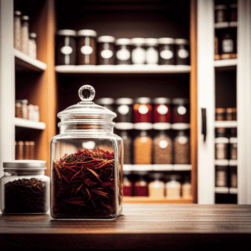 An image showcasing a well-organized pantry with glass jars neatly filled with an assortment of vibrant, aromatic bulk herbal teas