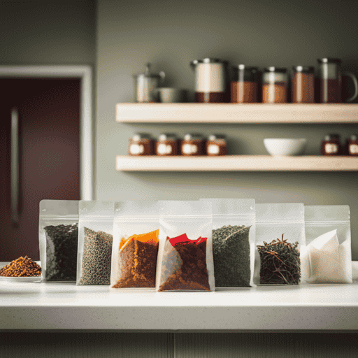 An image that showcases a serene, minimalist kitchen shelf adorned with neatly arranged, vibrant herbal tea bags