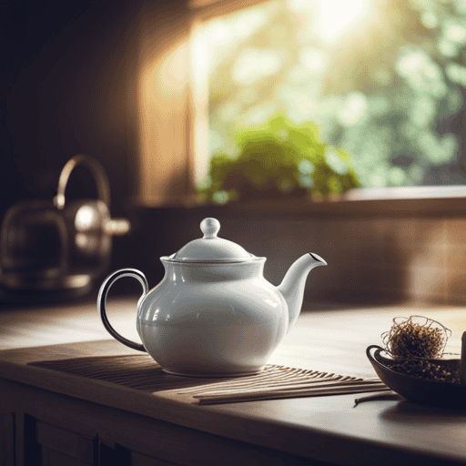 An image showcasing a serene scene of a sunlit kitchen with a delicate porcelain teapot, filled with aromatic herbal tea