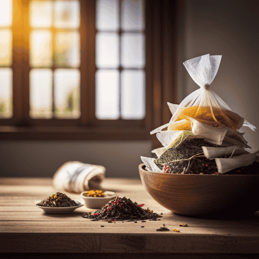 An image featuring a rustic wooden table adorned with a colorful assortment of dried herbal tea bags, showcasing their various flavors
