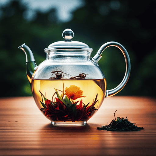 An image showcasing a serene scene of a clear glass teapot, filled with vibrant dried herbal tea leaves gently unfurling in hot water, as delicate wisps of steam rise gracefully into the air
