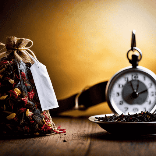 An image showcasing a vibrant, aromatic herbal fruit tea bag, still sealed in its packaging, nestled alongside a stopwatch, epitomizing the essence of freshness and hinting at the longevity of these delightful tea bags