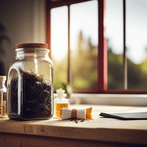 An image showcasing a serene wooden kitchen countertop, adorned with a delicate glass jar filled with an assortment of colorful herbal tea bags