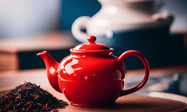 An image showcasing a serene setting with a vibrant red teapot pouring steam into a delicate cup filled with richly colored rooibos tea leaves, enticing readers to explore the art of steeping this aromatic beverage