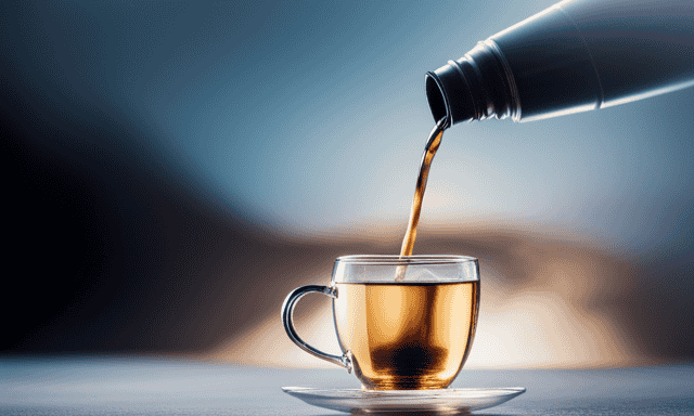 An image capturing the serene ritual of steeping oolong tea: a delicate porcelain teapot pouring a golden stream into a transparent glass, as misty tendrils of steam gracefully rise, enveloping the scene in a tranquil ambiance