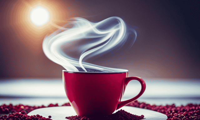 An image showcasing a vibrant red cup filled with steaming rooibos tea