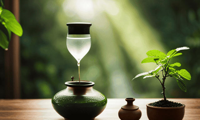An image capturing the serene ritual of steeping yerba mate: a gourd filled with vibrant green leaves, gently warmed water cascading from a traditional bombilla, delicate steam rising, and a timer nearby, measuring the perfect infusion time
