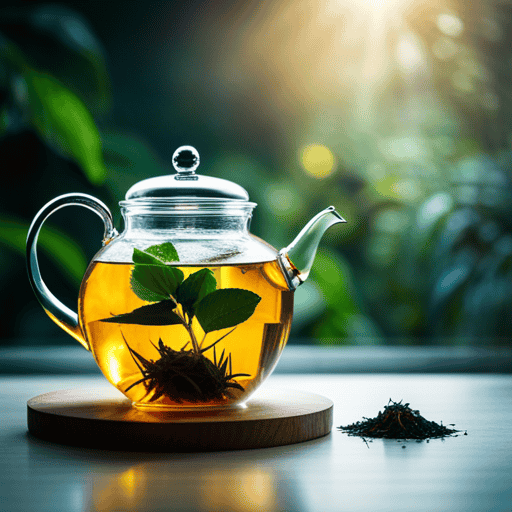 An image capturing the serene moment of a delicate herbal tea infusing in a clear glass teapot, as wisps of steam rise gently, showcasing the subtle hues of the infused herbs against a backdrop of a sunlit window