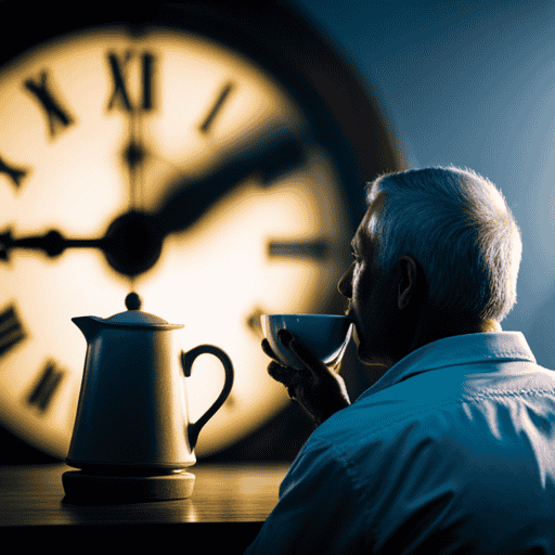 An image that depicts a serene setting with a person sipping herbal tea, surrounded by a clock showing the passage of time, fading from daylight to moonlight, suggesting the duration of an adverse reaction to herbal tea