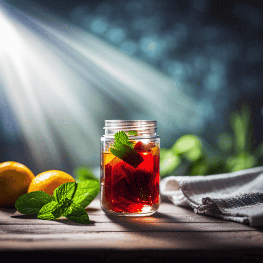 An image showcasing a clear glass jar filled with vibrant frozen herbal tea cubes, glistening with condensation, surrounded by sprigs of fresh mint and slices of citrus fruits on a rustic wooden table
