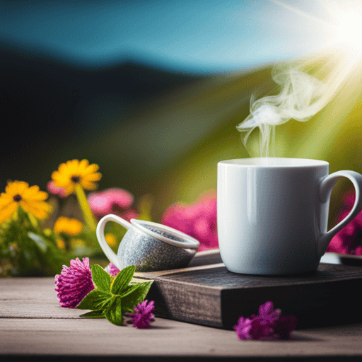 An image showcasing a serene setting with a cup of Herbal Healer 4 Herb Tea placed on a rustic wooden table, steam gently rising from the cup, surrounded by vibrant blooming herbs and a timer indicating the steeping time