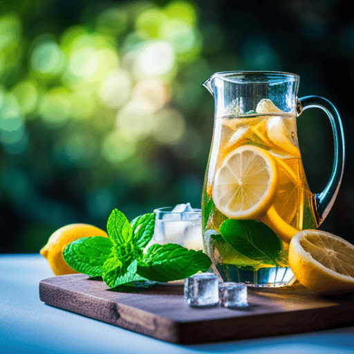 An image showcasing a glass pitcher filled with refreshing herbal iced tea, adorned with vibrant slices of lemon, mint leaves, and ice cubes glistening in the sunlight, evoking a sense of cooling freshness and long-lasting flavor