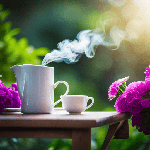 An image featuring a serene setting with a steaming cup of herbal tea, surrounded by aromatic herbs and vibrant flowers