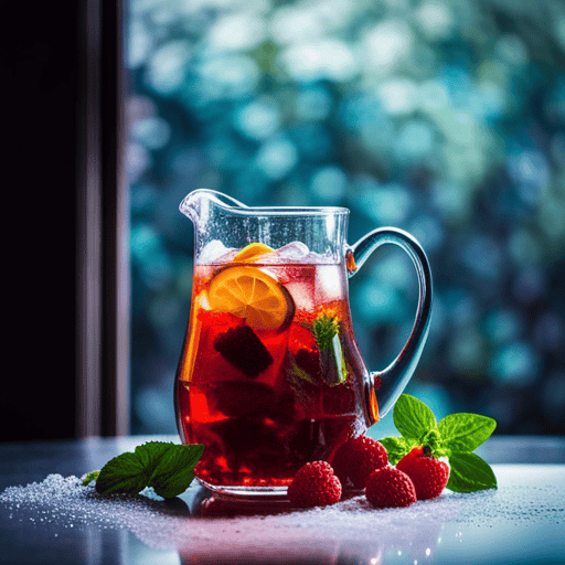 An image showcasing a glass pitcher filled with refreshing iced herbal tea, glistening droplets of condensation decorating its surface, while sitting on a shelf in a refrigerator, surrounded by colorful fruits and herbs